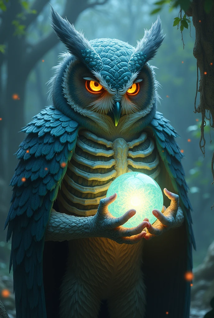 Digital painting of an owl holding a glowing ball, cyberpunk art, by Tomas Alain Opera, fantasy art, textured detailed skeleton in the style of a sitting demon, biple art, shamanic witch, fantasy illustration