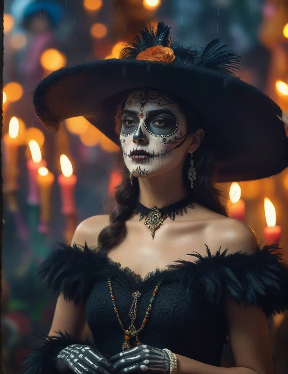 Hiperrealistic cinematic poster of GAL GADOT wearing a gothic vintage dress and a vintage hat adorned with LONG ostrich feathers, The scene is illuminated with tinted lighting CANDLES ON THE CHANEL IN XOCHIMILCO , BACKGROUND WITH TRajineras, creating a warm and mystical atmosphere. WITH A DAY OF DEAD OFFREND. GAL GADOT has calaveric make up, blending elegance with cultural heritage. Behind her, there is a natural water cHANEL surrounded by natural WOOD, with a bokeh effect in the background. Soft raindrops fall, gently illuminated by GLOW WORM t in the background. The poster has a standard cinematic size of 24x36 inches. Ultra-detailed, 4K resolution." 4k, hyperrealistic, cinematic lighting, vintage fashion, Day of the Dead, Catrina makeup, orange lighting, bokeh