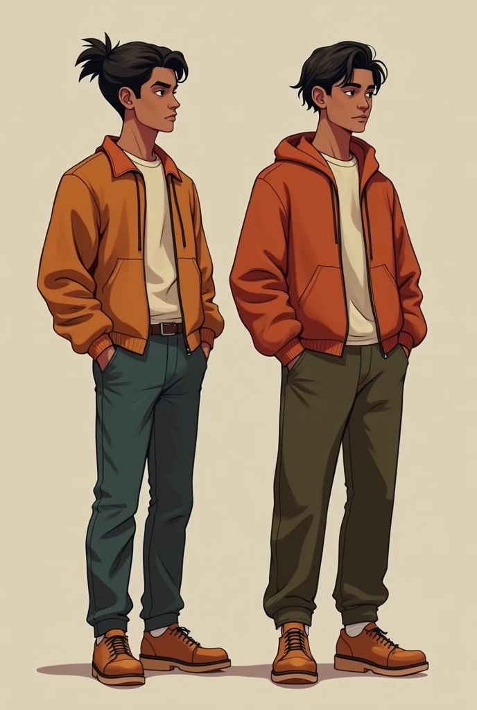 "Create four streetwear outfits for a skinny INFJ guy who is 5'5" tall and weighs 48kg. He has a heart-shaped face, an inverted triangle body shape, and a deep autumn color palette. Ensure the outfits align with his season's colors and are suitable for the climate in the Philippines. Incorporate a two-block hairstyle into the overall look. Additionally, specify the status or size of each outfit. Each outfit should have a unique style, allowing him to choose the best fit."