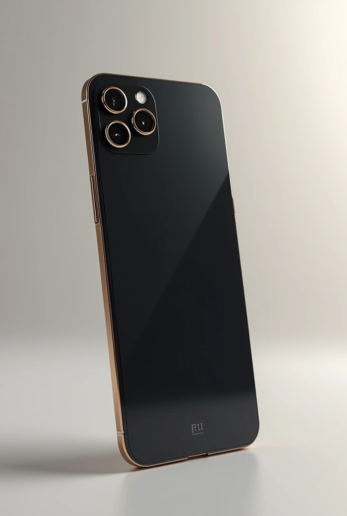 Create an image of a high-end cell phone of the future with 3 matte black cameras, the glass back and gold edges, the main screen that has no edges and the design is like the phone 15 pro max but with vertical cameras