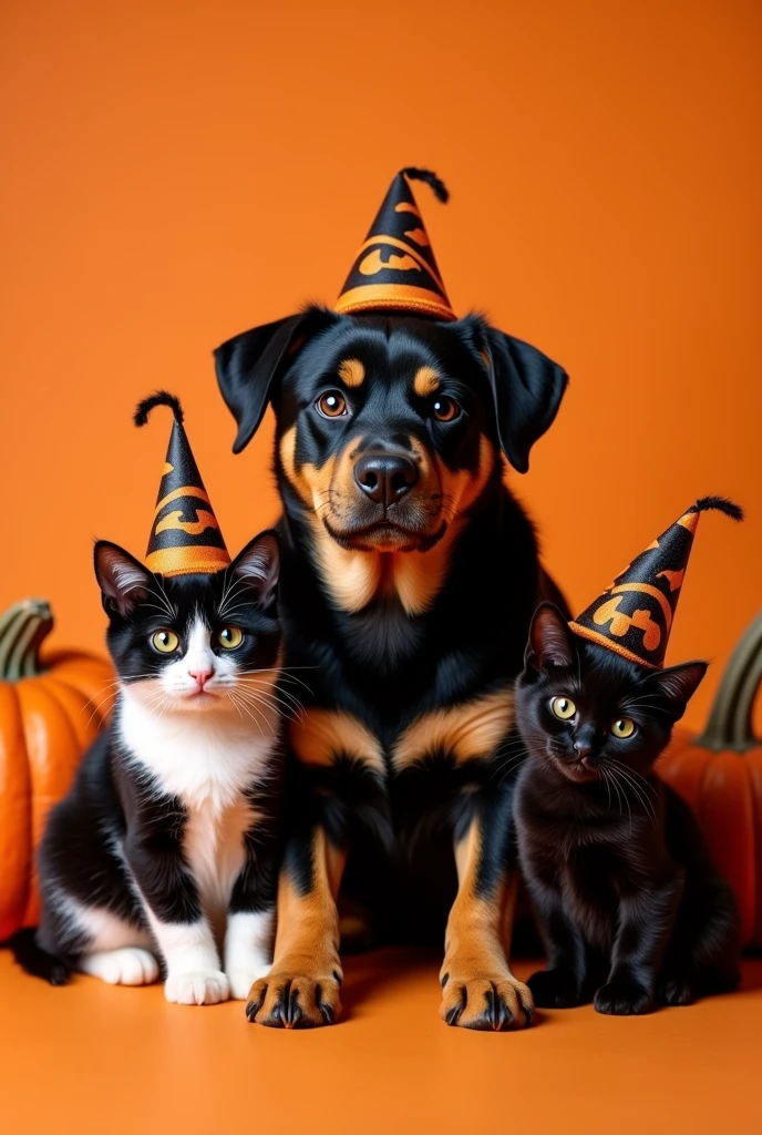 Realistic photo of an adult black and white cat, a black kitten and a Rottweiler style dog, all with short fur and halloween hats, orange background and pumpkins