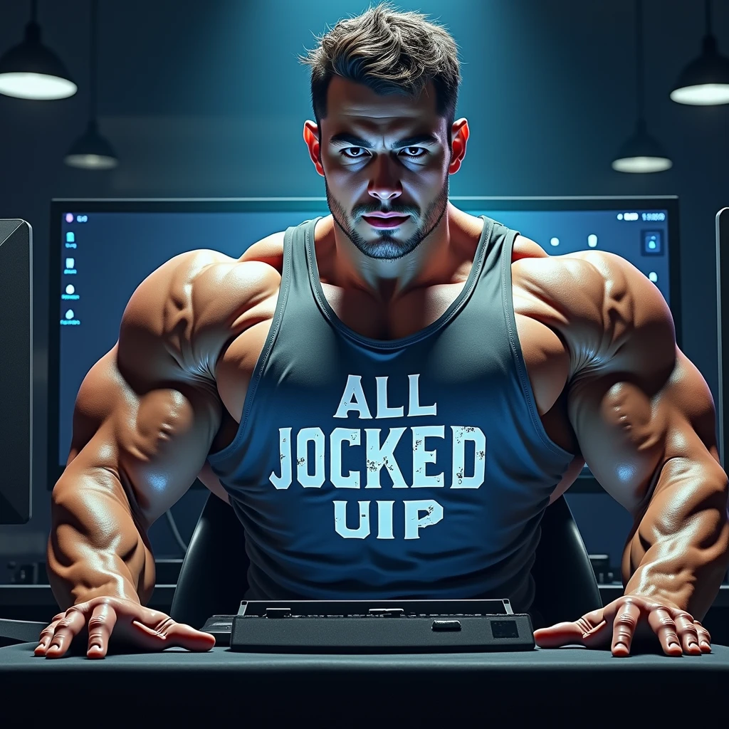 Big muscles. Sweating. Male college student wearing a shirt that says ALL JOCKED UP sits in front of a monitor in a dark computer lab at night. Staring vapidly with a blank expression at the glowing screen. Repeating mantras to meet their goal to be big dumb muscular sweaty bodybuilder bros. Big biceps. Big triceps. Big traps. Broad shoulders. Broad chests. IQ drain. Digital painting. "Stare ... listen ... blank ... obey.... Bigger... Dumber.... Just a big ... dumb ... jock. Huhuh.... Uhhhhhh.... How's it hangin', bro? C'mere. Read instructions... Watch the spiral and FLEX with me, BRO! You think too much. It's good to be a JOCK. Stare. Obey. FLEX. Don't think. Just be a meatheaded jock. Just like me.... Huhuh. Say it with me. Brooooo...." in a deep voice.
