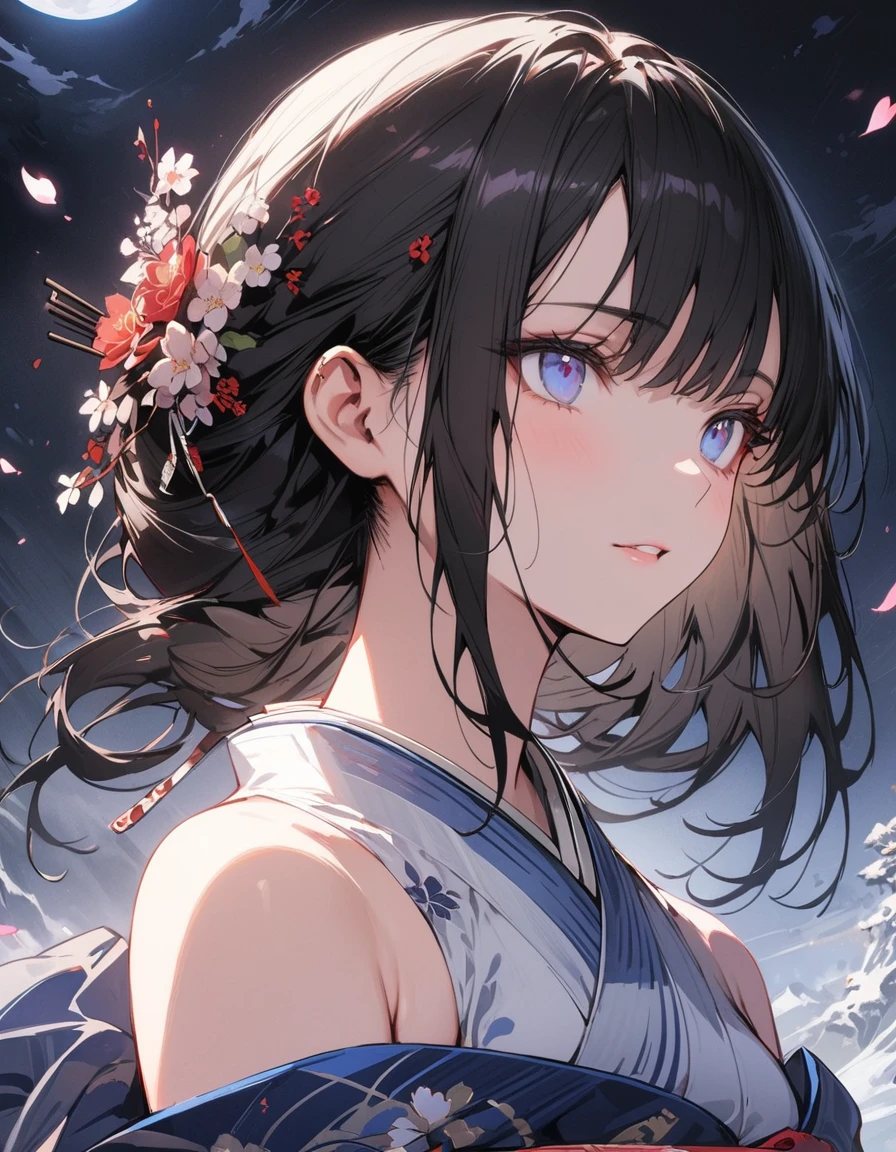 (masterpiece:1,2), Highest quality, masterpiece, High resolution, original, Highly detailed wallpaper, Perfect lighting,geisha, kimono,Bare shoulders,tattoo,(((Black and White))),Extremely detailed,alone,Cold Eyes,look up,Glowing Eyes,Byeob,moon,Black Hair,petal,sexy