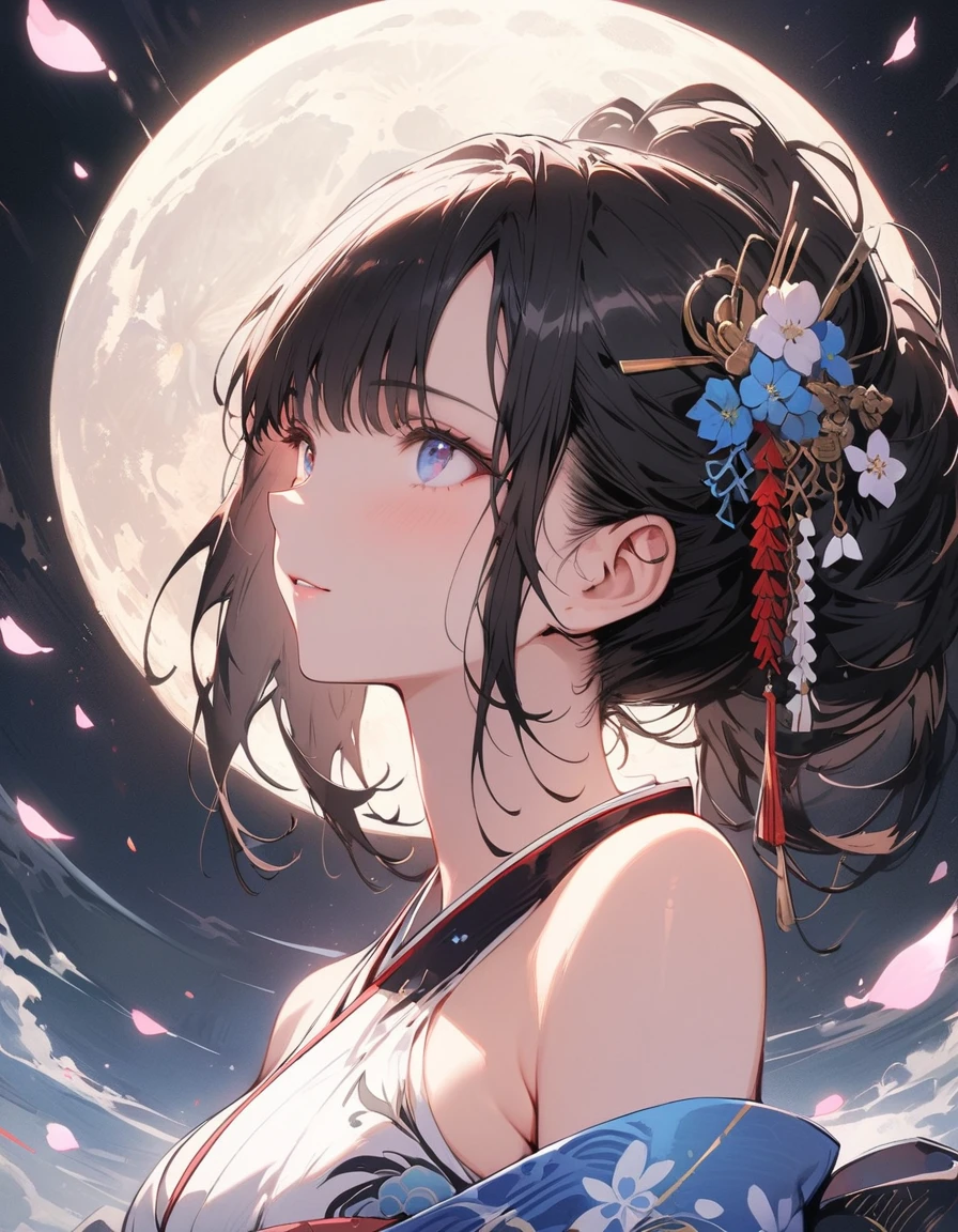 (masterpiece:1,2), Highest quality, masterpiece, High resolution, original, Highly detailed wallpaper, Perfect lighting,geisha, kimono,Bare shoulders,tattoo,(((Black and White))),Extremely detailed,alone,Cold Eyes,look up,Glowing Eyes,Byeob,moon,Black Hair,petal,sexy