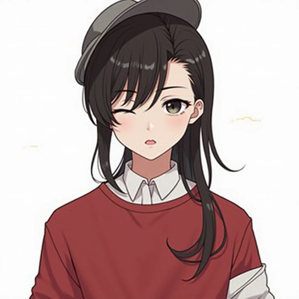 detail eyes,detail face,beauty eyes,Black hair, boy, left split bangs, black eyes, gray hat, red shirt, white-collar mouth, closed one eye