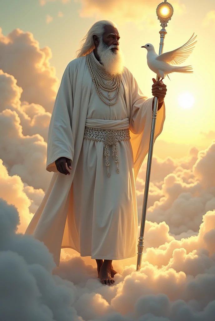 Orisha Black Man, elder, white bearded, Walking on clouds, White tunic, white necklaces, holding a white dove in his hand, silver staff with globe, sun shining