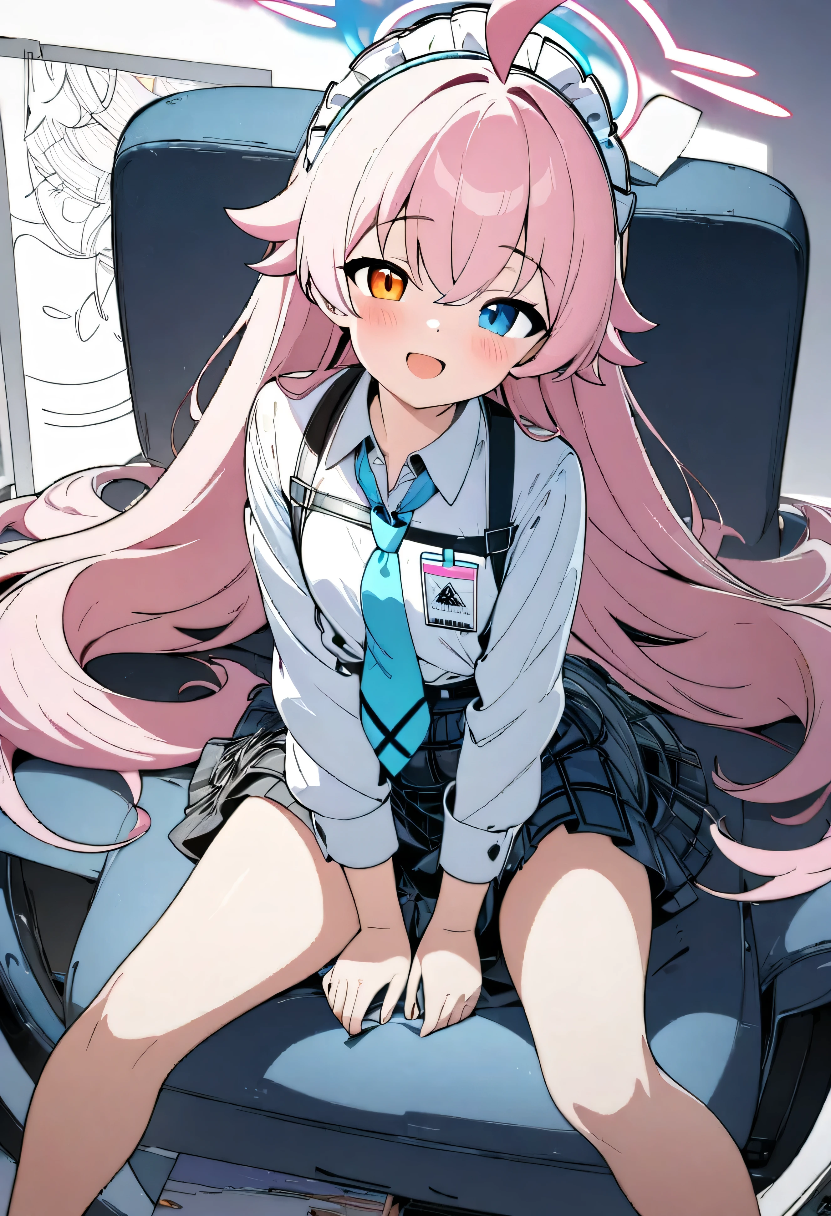 One girl, Hoshino (Blue Archive), alone, Heterochromia iridis, Pink Hair, skirt, Long Hair, tie, Ahoge, shirt, Hello, Plaid skirt, blue eyes, Plaid, View your viewers, white shirt, Sitting, Orange eyes, chest Harness, Harness, Long sleeve, ID card, Open your mouth, very Long Hair, collared shirt, smile, blue tie, bangs, The legs are detached from the frame, Between the legs, hand Between the legs, blush, Hair between the eyes, High resolution,masterpiece, Highest quality, White Background, (Line art, clean Line art, Scenario Art: 1.6), (Coloring book: 1), Full White, Use scenarios only. , Manga style, One Girl's Maid, alone, One Girl's Maid, alone