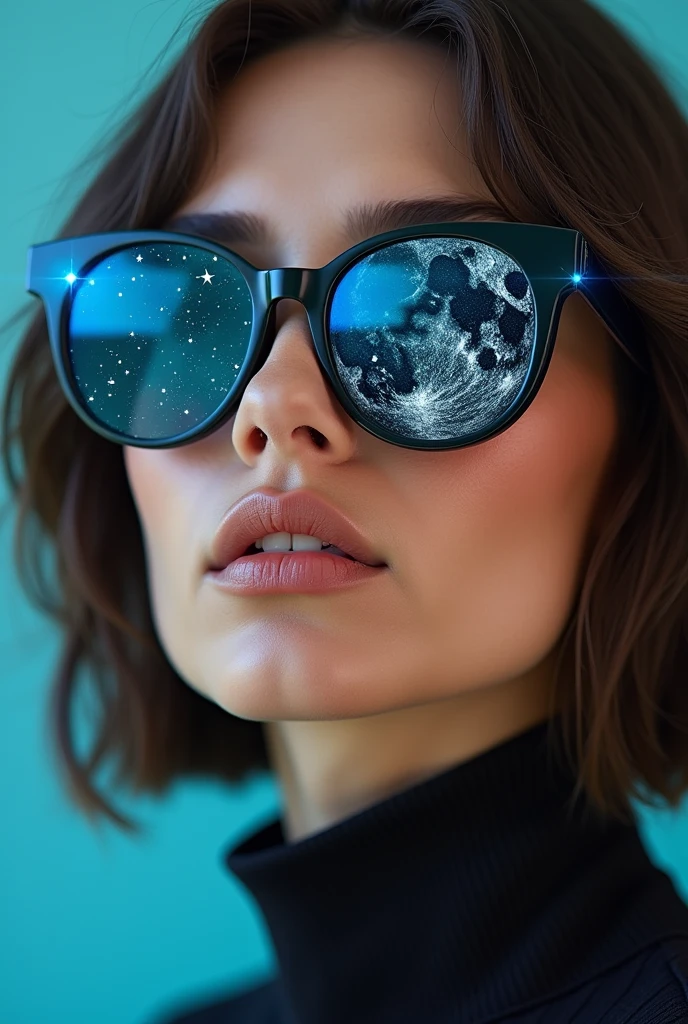 The model is wearing glass sunglasses with stars and the moon on the glass