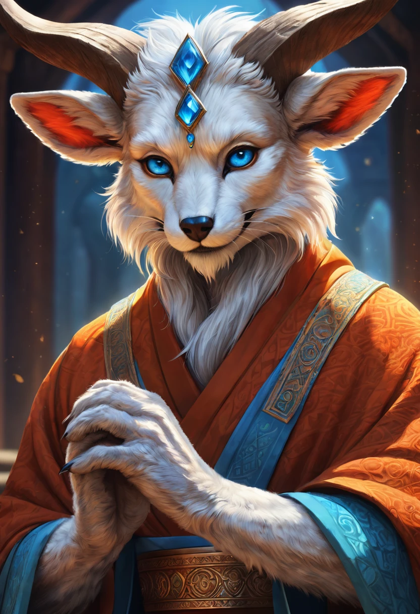 Anthropomorphic  kitsune-satyr monk. red fur. Old, wrinkled ancient, decrepit. Crystal blue eyes. wise face. wizened. long detailed fingers. Official Art – An Award-Winning Digital Masterpiece In 4K Ultra HD, Extreme Detail And Intricate Realism. Symmetrical Face. This  bright and colorful Concept Art Brought To Life By The Hands Of Artists Like Wlop & Artgerm In A Stunning 2D Vector Illustration.  Background Is A Panoramic Vista.
