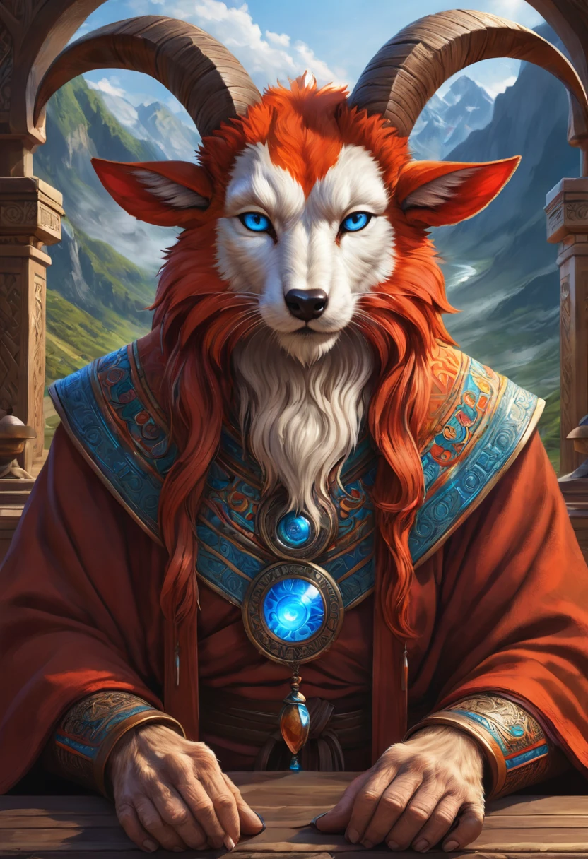 Anthropomorphic  kitsune-satyr monk. red fur. Old, wrinkled ancient, decrepit. Crystal blue eyes. wise face. wizened. long detailed fingers. Official Art – An Award-Winning Digital Masterpiece In 4K Ultra HD, Extreme Detail And Intricate Realism. Symmetrical Face. This  bright and colorful Concept Art Brought To Life By The Hands Of Artists Like Wlop & Artgerm In A Stunning 2D Vector Illustration.  Background Is A Panoramic Vista.
