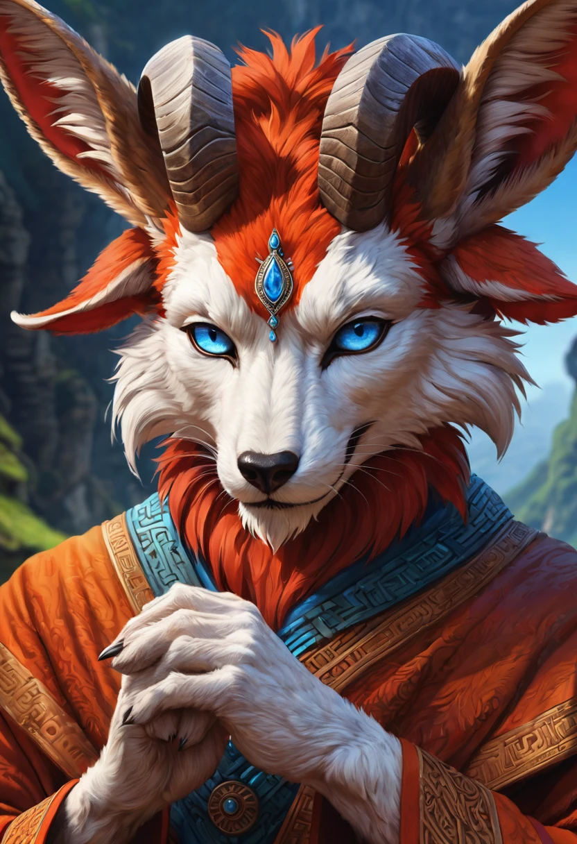 Anthropomorphic kitsune-satyr monk. red fur. Old, wrinkled ancient, decrepit. Crystal blue eyes. wise face. wizened. long detailed fingers. Official Art – An Award-Winning Digital Masterpiece In 4K Ultra HD, Extreme Detail And Intricate Realism. Symmetrical Face. This bright and colorful Concept Art Brought To Life By The Hands Of Artists Like Wlop & Artgerm In A Stunning 2D Vector Illustration. Background Is A Panoramic Vista.