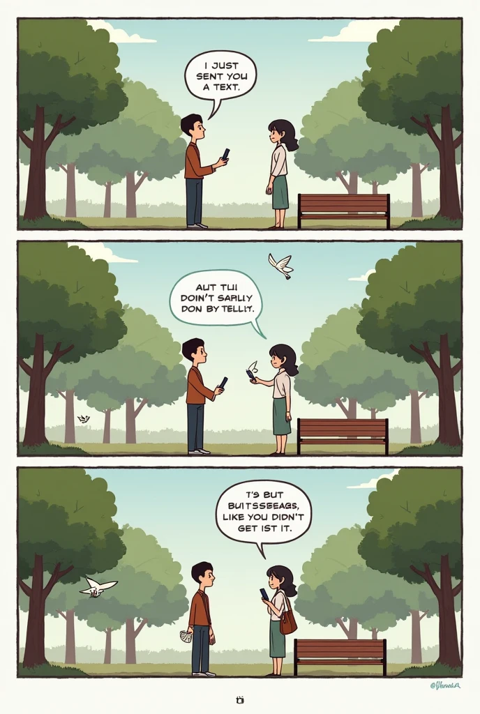 Here's a description of a 3-panel comic strip that reflects the process and nature of communication:
Panel 1:
Scene: Two people are standing in a park. Person A is holding a phone with a puzzled expression.
Text (Person A): "I just sent you a text, but it seems like you didn’t get it."
Background Elements: Trees, a bench, and a few birds in the background to set the outdoor scene.