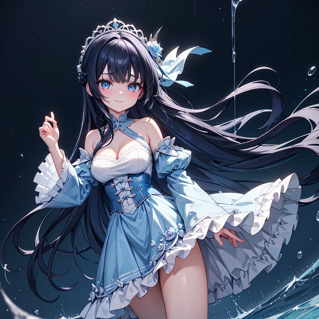 an aristocratic noble lady, 22 year old young woman, tanned skin, blue black hair with blue gradient, long and semi-wavy that seems to float in the air, Sharp bright blue eyes, with long eyelashes and black eyeliner she smiles as she cries in the rain at night, wearing a pale blue dress with silver details like that of an English aristocrat. She is elegant and beautiful.