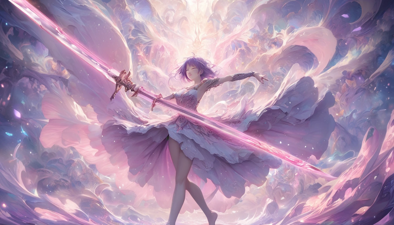 **202. One person。Warrior fighting scene in a dream。Dream World。Cowboy shot or close-up。
masterpiece, best quality, ultra detailed (Detailed fingers), (Emotional), (Breathtakingly beautiful),
(main part: 1.2 Whole body。), (Anime Style), (Very detailed), (Fantastic and mysterious),
(超High resolution, High resolution), (8k), (High resolution: 1.2), (Complex and beautiful: 1.2)**
- background: Scenery in a dream、A colorful and fantastical space spreads out。
- Dream Warrior: Wearing a floating costume、Girl with a glowing sword。
-pose: Dancing gracefully in a dream world、The moment he swings his sword at the enemy。
-expression: Elegant and calm expression、Feeling like you're in a dream world。
- Effects: The light emitted from the sword and the dreamy background create a fantastic effect.。
-color: The soft pink and purple hues create a contrast that emphasizes the dream world.。