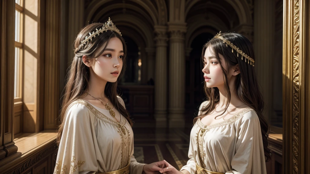 two young women from biblical times, long flowing dresses, elegant headdresses, serene expressions, natural lighting, muted earth tone colors, ornate architectural background, award winning digital art, masterpiece, intricate details, photorealistic, cinematic composition, dramatic lighting, highly detailed