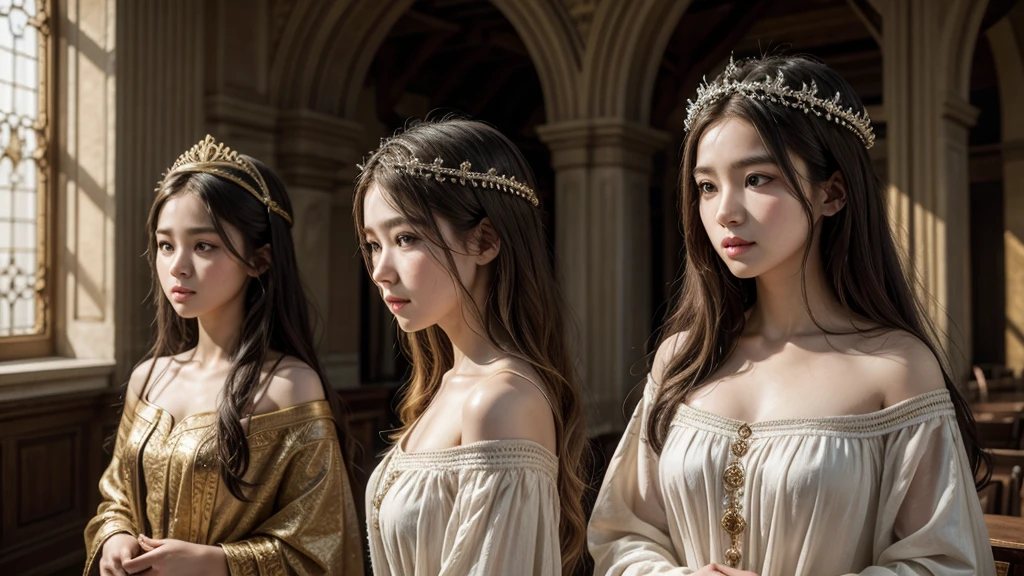 two young women from biblical times, long flowing dresses, elegant headdresses, serene expressions, natural lighting, muted earth tone colors, ornate architectural background, award winning digital art, masterpiece, intricate details, photorealistic, cinematic composition, dramatic lighting, highly detailed