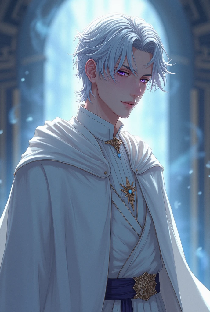 male, silver hair, purple eyes, emperor, drowsy eyes, soft and white skin, Noble appearance, 20's, bust, myth, White priest's vestments
