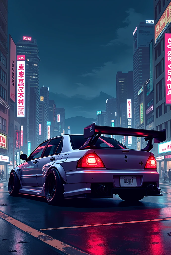 Draw a Mitsubishi Lancer Evo 6 of the 2000's tuning with landscape japanese city nocturne 8 bits