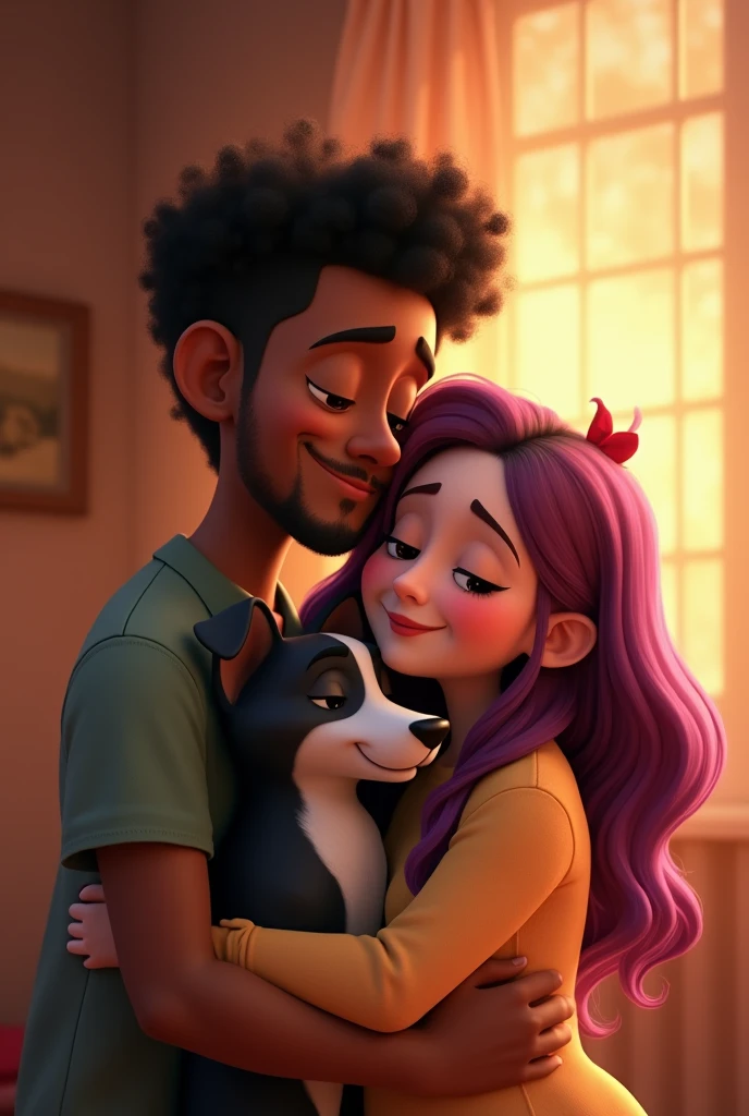Disney Pixar-type animation of a young Colombian man with dark skin, cheek, a chubby one, Short curly black hair with a fade cut, thin nose, thin eyebrows and short beard. Hugging a chubby young woman with long violet red hair very lovingly, white skin and a border collie dog with all black hair