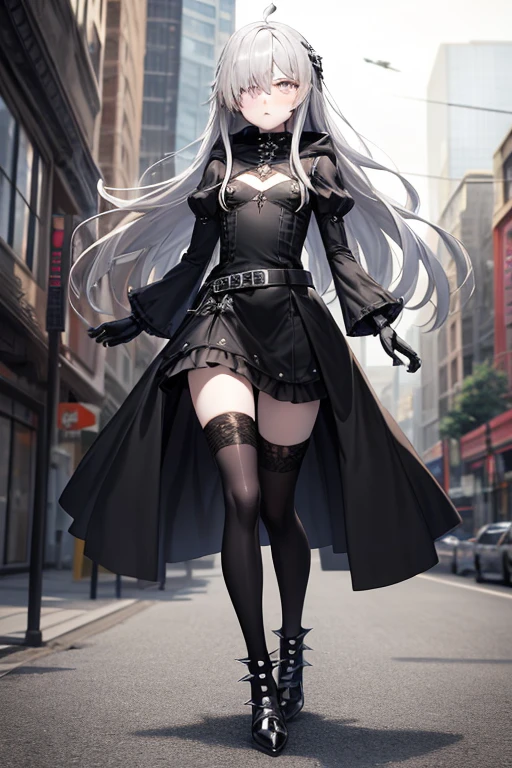 ((best quality)), ((masterpiece)), (detailed), 1 girl, full body, 18 years old, depressed face, pretty face, mask, silver eyes, blushing, silver hair, long hair, spiky hair, ahoge, bangs, strand of hair covering her right eye, full body, very tall, very small breasts, flat chest, thin body, gray hood, gray wristbands, metal spikes, long black gloves with spikes, gray dress, gothic lolita dress, puffy sleeve, gray dress with metal spikes, blades on the steering wheel, metal emblem, somewhat tight, black belt, pale skin, black stockings, black shoes, walking in the city, looking at me, city background, anime