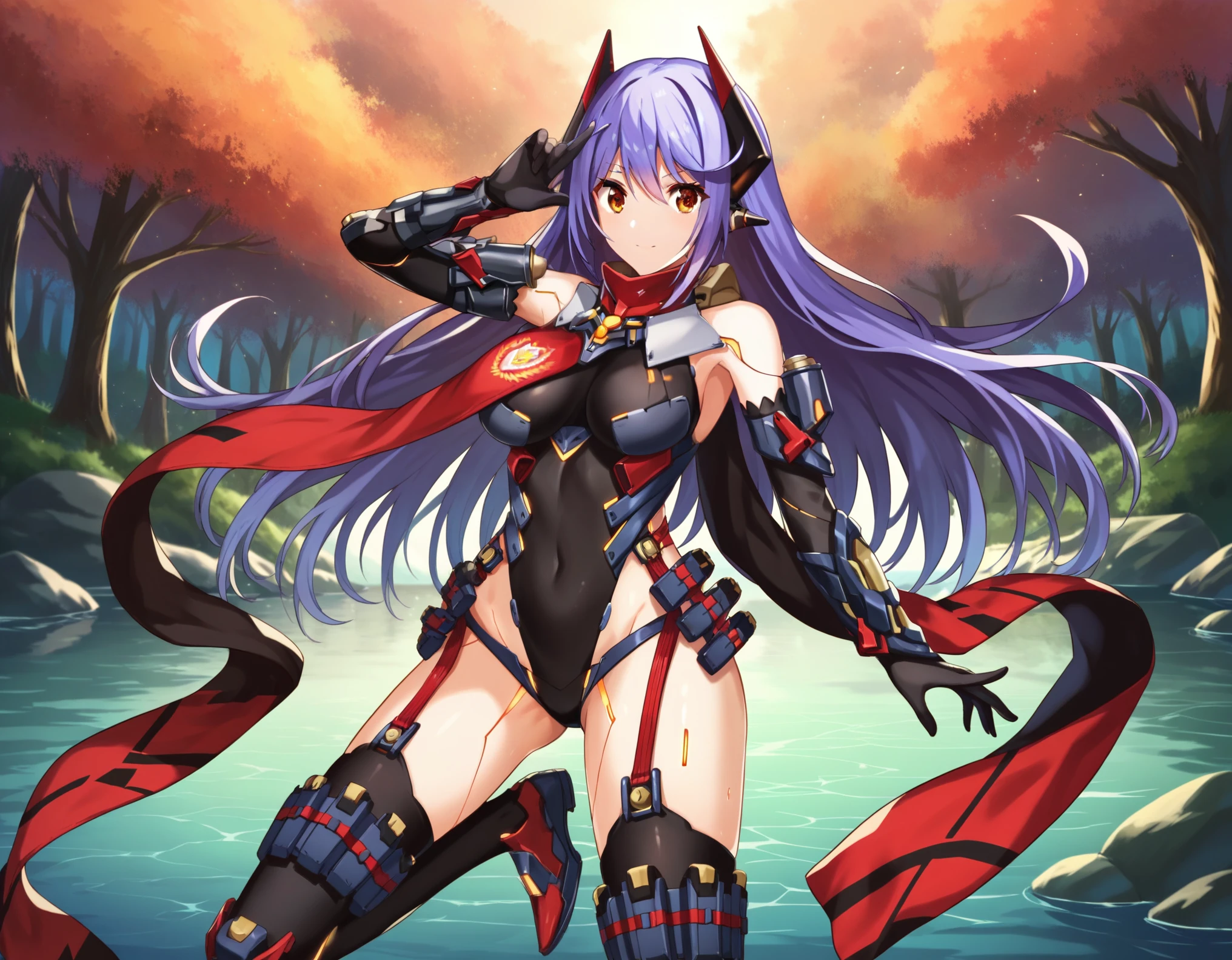 score_8_up, score_7_up, score_6_up, score_5_up, score_4_up, anime screenshot, looking at viewer,
1girl, poppi qtpi (xenoblade), long hair, purple hair, leotard, scarf, robot joints, thighhighs, elbow gloves
BREAK
dynamic_dancing, looking at viewer,
forest_lake_landscape_background,coverdd_navel,open_legs,