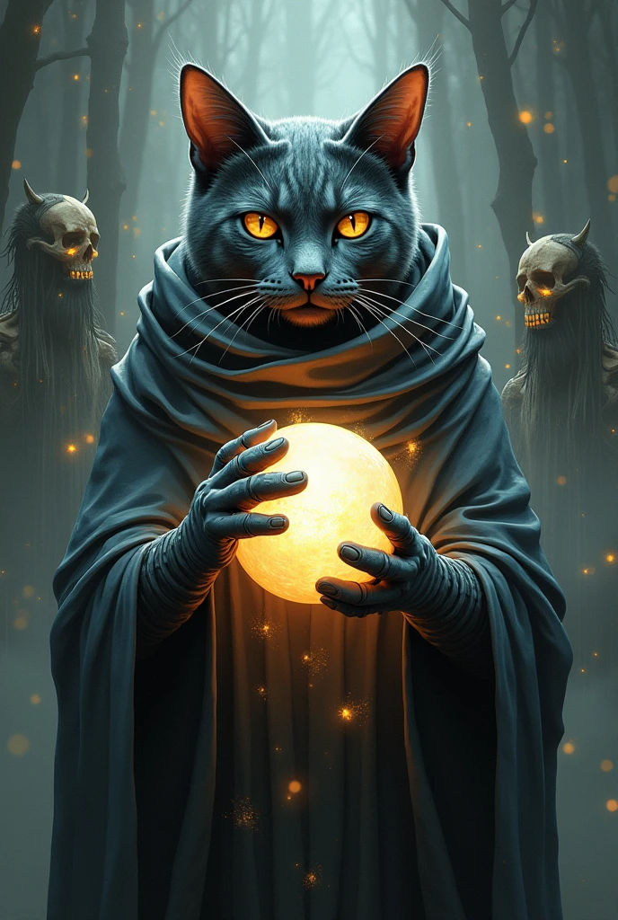 Digital painting of an cat holding a glowing ball, cyberpunk art, by Tomas Alain Opera, fantasy art, textured detailed skeleton in the style of a sitting demon, biple art, shamanic witch, fantasy illustration