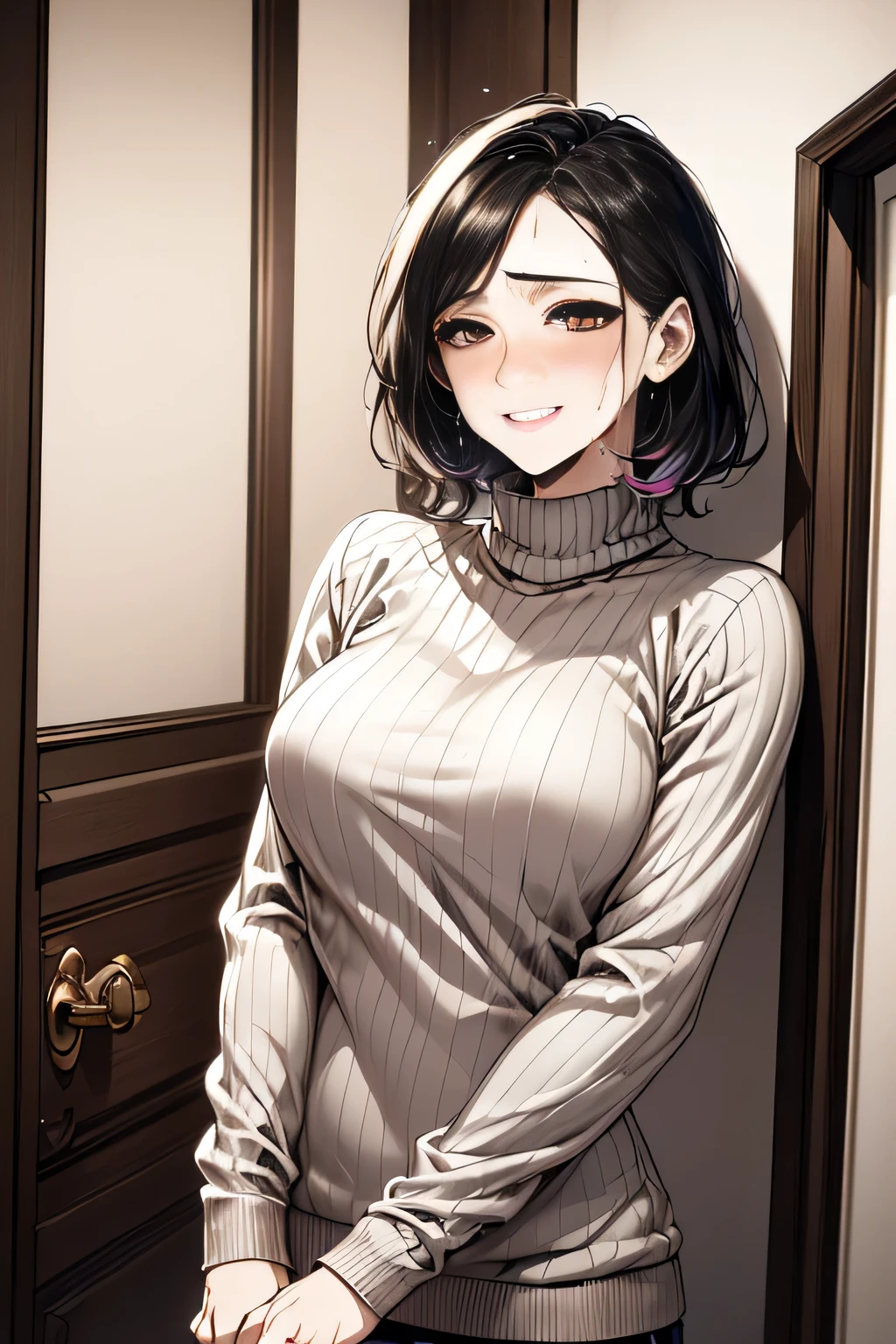 /(Modern house interior/), 1 Female, solo, Middle age, /(Random color ribbed sweater/), A gentle blushing smile, (Masterpiece Top quality:1.2) Delicate illustrations, Very detailed, ((Sweat, vapour)), In front of the entrance door, visit, (Full Shot)