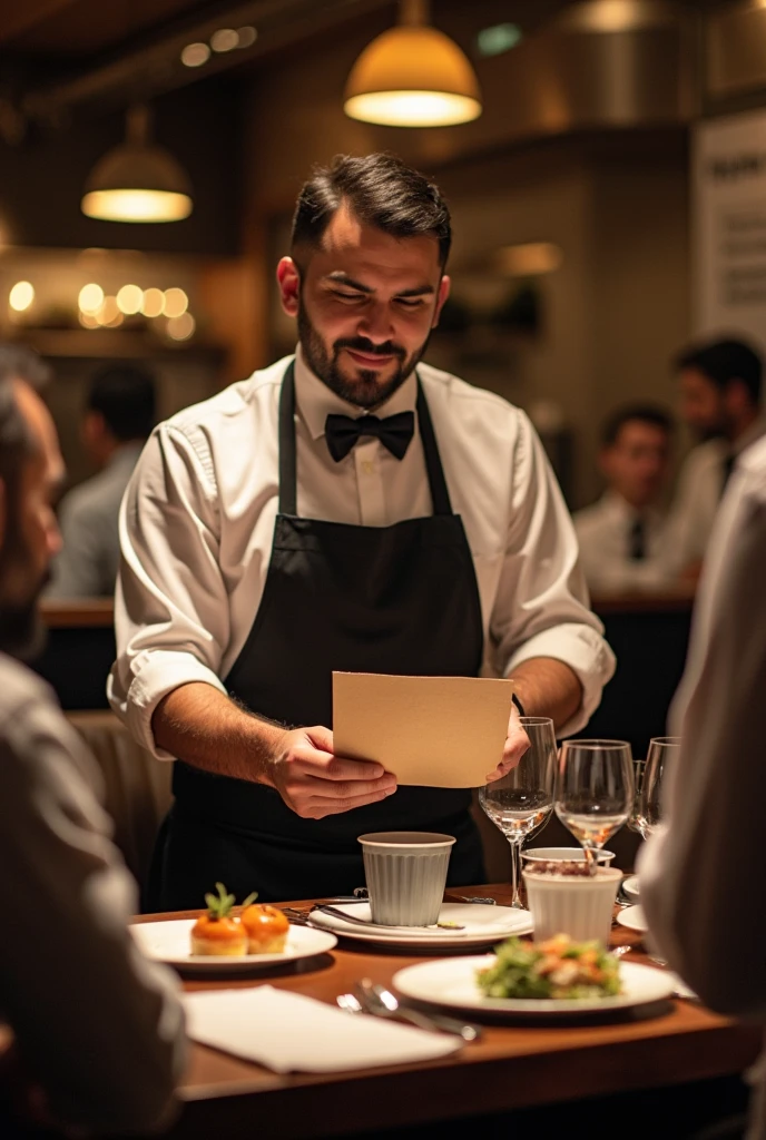 I need an image of a waiter giving the diners&#39; orders to the cooks so they can cook. Where a delivery is seen, an interaction between subjects





 


