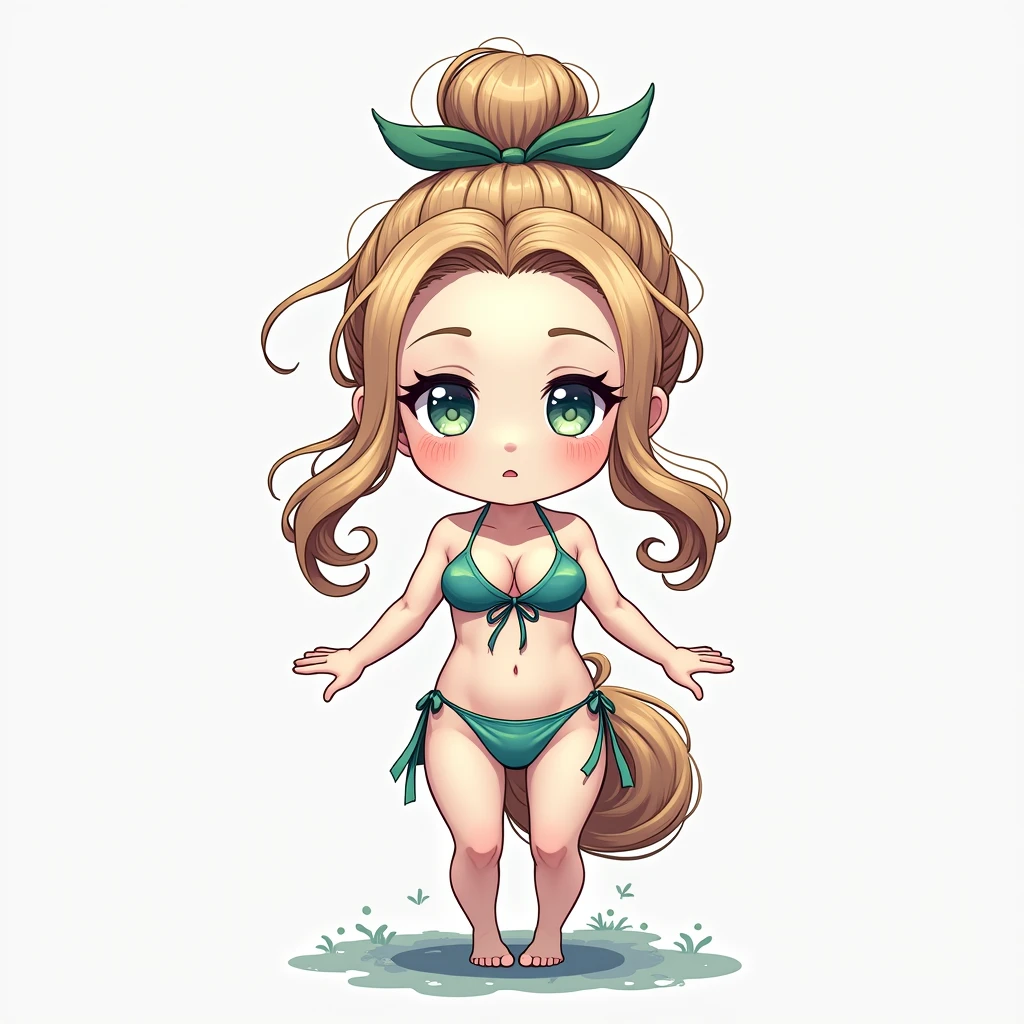A Anime chibi girl, detailed hair, detailed facial features, large expressive eyes, delicate skin, wearing bikini, serene expression, detailed background, natural lighting, vibrant colors, (best quality,4k,8k,highres,masterpiece:1.2),ultra-detailed,(realistic,photorealistic,photo-realistic:1.37),concept art
