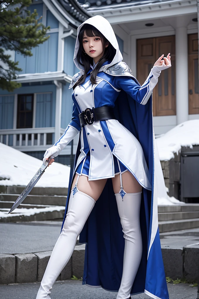 South korea asssassin's creed walk women mystery hooded on with modern royal Blue coat with buttons and royal Blue cape and very high white heel over the knee and white gloves, As she reveals a small secret hidden blade, adding to the character’s mysterious and agile appearance, with small movements of air on the cape, in summer at night under the rain, with buildings featuring curved eaves and detailed architecture. The scene is set at night, sending a knife into the white woman&#39;s neck , intricate detail, ultra detail, incredible detail, intricate detail, extremely detailed and intricate, super max, masterpiece, best quality, HDR, UHD, unreal engine. , beautiful face, Rich in details High quality, gorgeous, captivating, 8k, super detailed, stunning shadows, detailed lines

