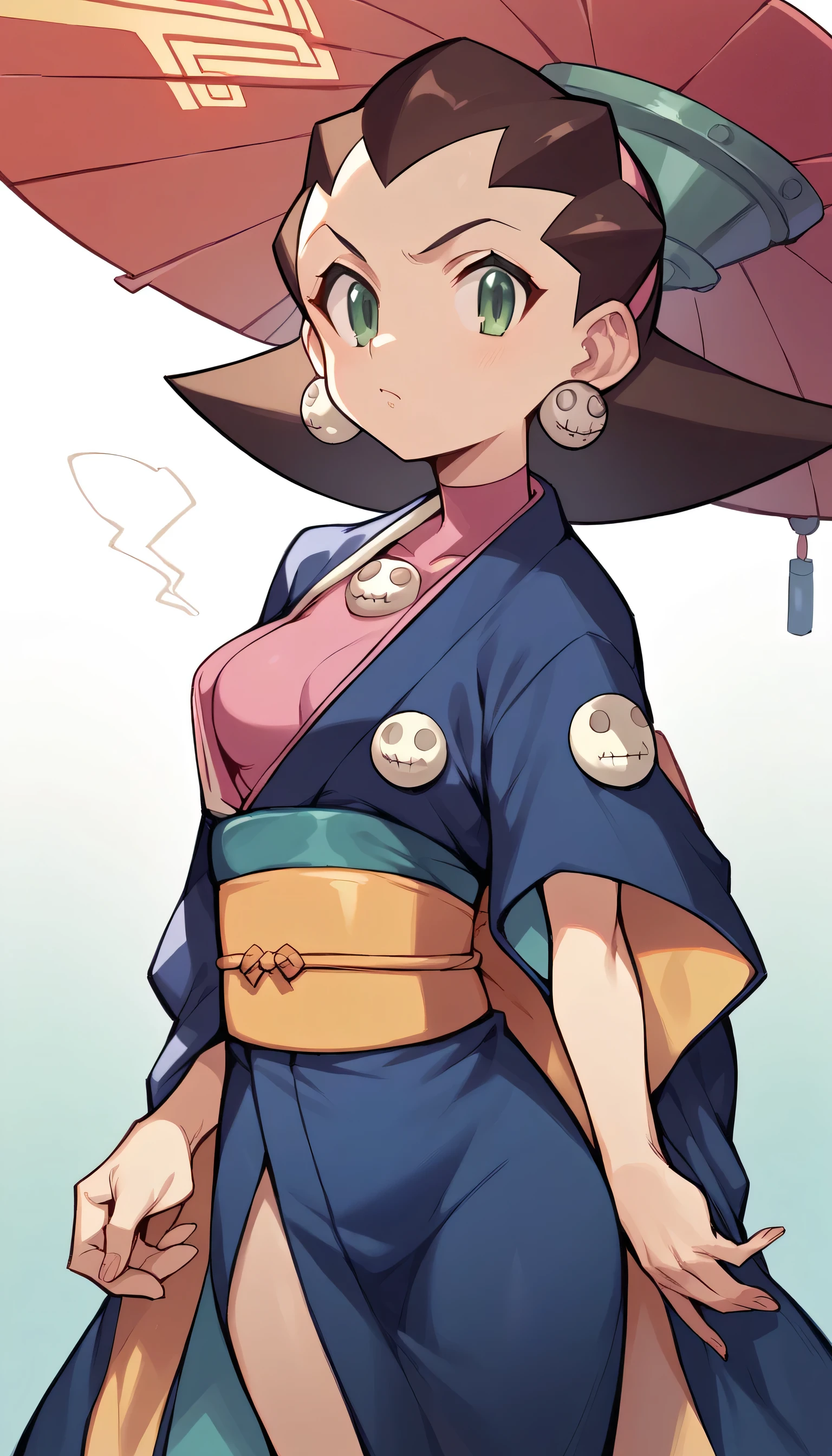 1girl, solo, japanese clothes, sash, kimono, bangs, looking at viewer, obi, gradient,Tron Bonne (Mega man)