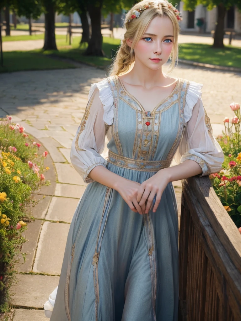 Highest quality, masterpiece, Realistic photos, Intricate details, RAW Photos, Super detailed, old fashioned young woman, Wearing a peasant dress, No neckline, Blonde, Perfect details and blue eyes, Walking around the old town, HD quality, 8k, young woman, 20-year-old