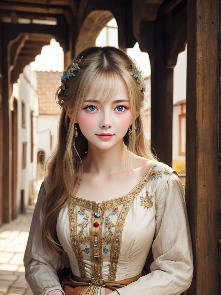 Highest quality, masterpiece, Realistic photos, Intricate details, RAW Photos, Super detailed, old fashioned young woman, Wearing a peasant dress, No neckline, Blonde, Perfect details and blue eyes, Walking around the old town, HD quality, 8k, young woman, 20-year-old