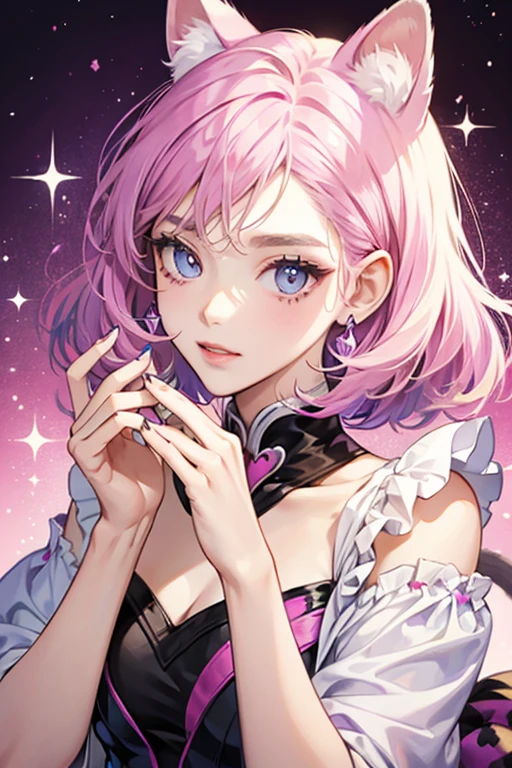 Kris is a white girl cat with purple leopard spots and paws, a pink face, and yellow ears. SPARKLE; GLITTER