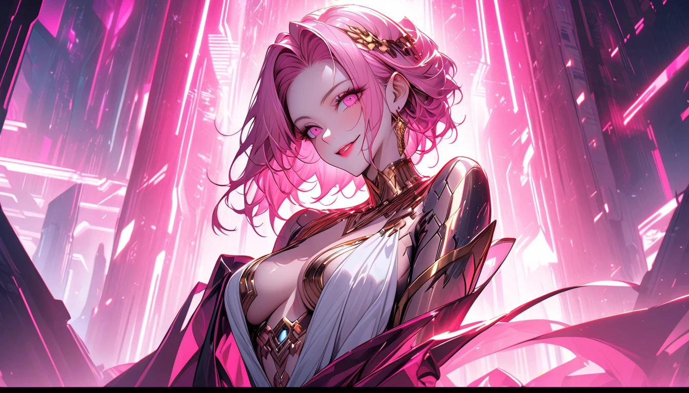 solo female, medium shot, long luxurious pink hair, pink eyes, artificial intelligence shaped after the Greek goddess Aphrodite, cyberpunk, futuristic, eager smile, elegant simplicity, cyber space, white and silver and pink theme, romantic, mature beauty, gold accents, bronze accents, pinup pose, futuristic temple palace
