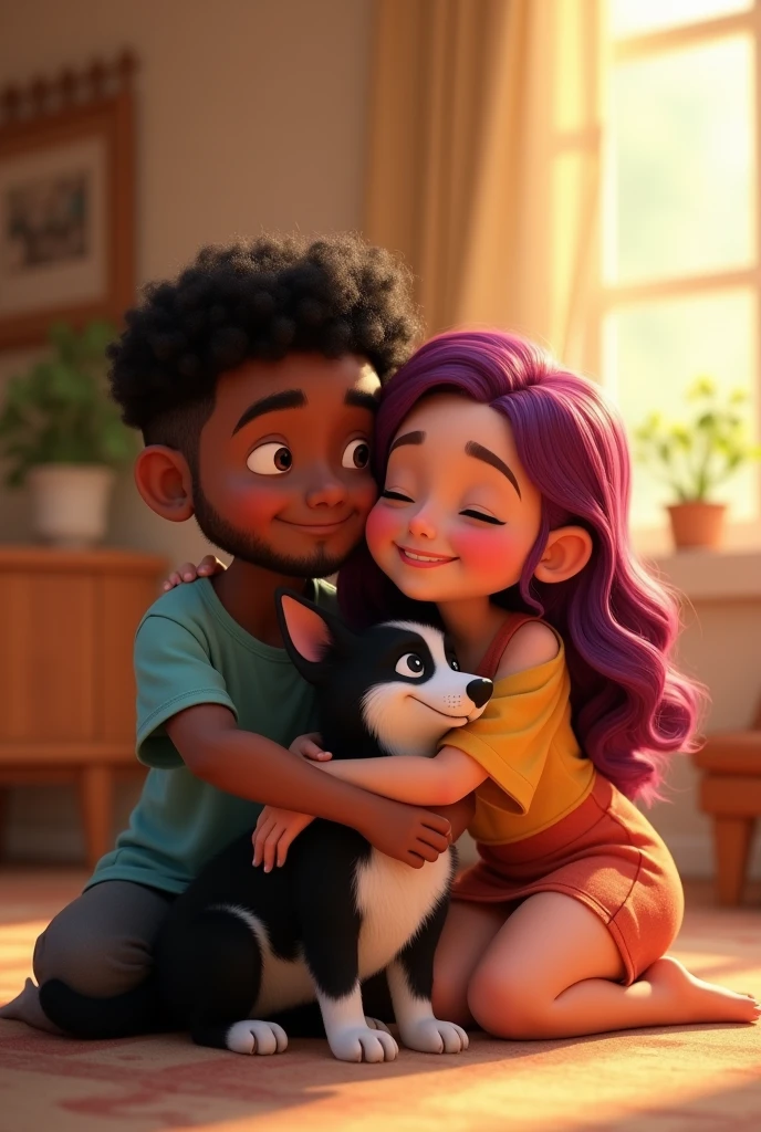 Disney Pixar-type animation of a young Colombian man with dark skin, cheek, a chubby one, Short curly black hair with a fade cut, thin nose, thin eyebrows and short beard. Hugging a chubby young woman with long violet red hair very lovingly, white skin and a border collie dog with all black hair