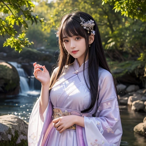 best quality, Delicate face，beautiful visual work, lifelike, eternity, black hair, Long curly hair, blunt bangs, Smile, Detailed Background, Delicate face，blush，cold，((masterpiece))、(top quality)、8k、high detail、Super detailed，21 years old female，Wearing Tang Dynasty Hanfu、waist skirt, Clothes are light and fluffy，Hanfu, wide sleeves, Transparent sleeves, Tunic, Clothes made of chiffon, Seductive and whimsical style、masterpiece、born、Scenes resembling fairy tale illustrations、Intricate details and complex designs、Beautifully、magic、capricious、 Beautifully、Dream aesthetics、「𝓡𝓸𝓶𝓪𝓷𝓽𝓲𝓬、ethereal、charming、fickle、magic」、Realism、Visual effects、FXAA、SSAO、Shaders、voiceless、ambient lighting、Tone mapping、High resolution、Ultra high quality、Million pixels、(8K resolution:1.10)、8k、Below 8K、8K resolution、high detail、intricate details， (high quality:1.2、masterpiece:1.2、:1.21)、(21 years old female:1.21)、(Smile excitedly)、(Surrounded by a dream-like atmosphere、Model diagram，full-body shot，Normal 2 feet，Put your hands behind you，The protrusion of the breast is visible when wearing clothes, Large Breasts, H cup chest, antiquity, Xian Xia, gauze clothes, Soft and fluttering, Fairy, dream, fantasy, light, elegant, nature, Immortal, romantic, classical, ribbon, light purple clothes, By the stream