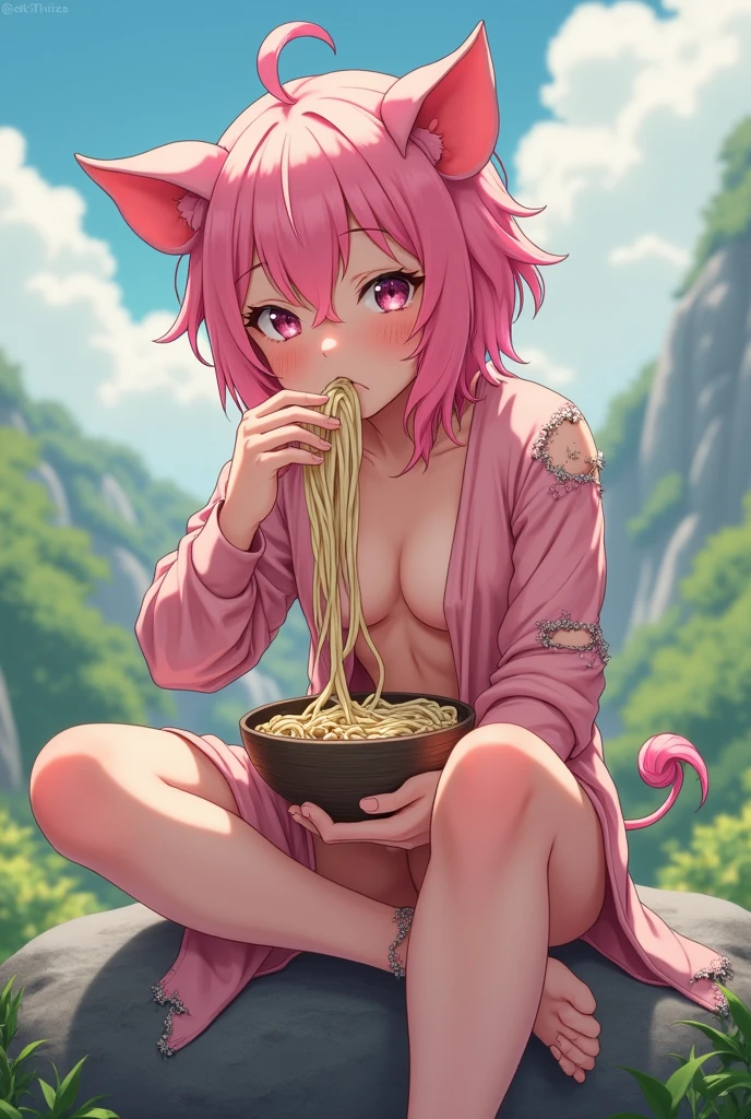 Beautiful boy with pink, succulent, sexy hair and very sensual curves, rather sloppy pig cosplay with torn suit, delicate and clearly blushing face and facial features, highly detailed, 8K, riding on a rock eating soba, a yaoi anime masterpiece