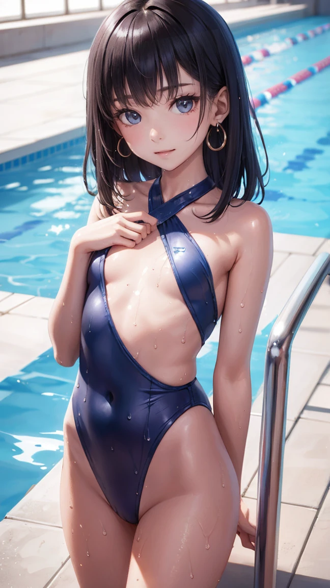 1 girl, big, Watery eye*Su Jiushui*Wet Hair*Growing your hair*Earrings*swimming pool>,, Low RA:Add to_detailed:1,One piece swimsuit,Flat Chest,return