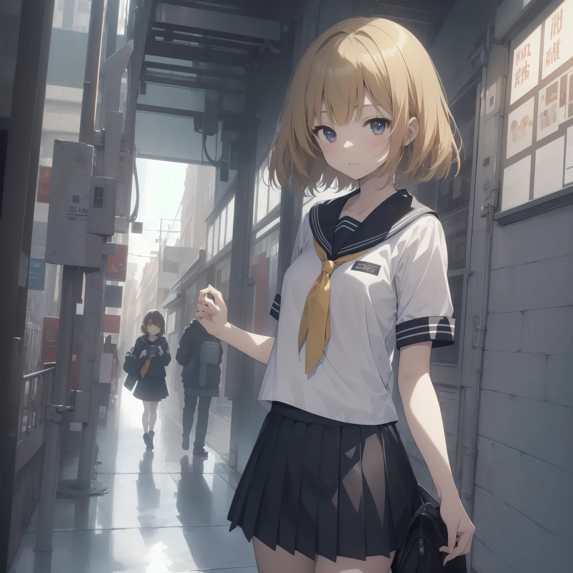 ultra-absurdres-Top quality by artist God, ultra-detailed, high resolution, anime moe artstyle, best anime 8k konachan wallpaper, pixiv contest winner, pool:2810, perfect anatomy,break, 1girl, (Please draw a girl walking sleepily to school alone. )break,(Solo,little female, 13-year-old:1.3),Full limbs, complete fingers,a junior high school student, (very short hair), short cut, flat chest, , small butt, small black eyes, beautiful detailed eyes, well-proportioned iris and pupils, expressive eyes, highres detailed hair, soft expression, salor school_uniform, sailor collar, serahuku, bow, pleated skirt,(Detailed Lighting), (Detailed background), in the School commute route. break,super detailed skin, Best cinematic lighting powered by famous artist, 8k,beauty illustration,photoshop_(medium),very aesthetic,break,((artist:ayu_(mog) )), artist:clamp ,artist:carnelian ,artist:kantoku ,