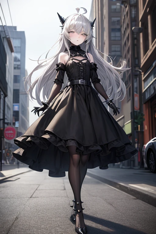 ((best quality)), ((masterpiece)), (detailed), 1 girl, full body, 18 years old, depressed face, pretty face, mask, silver eyes, blushing, silver hair, long hair, spiky hair, ahoge, bangs, strand of hair covering her right eye, full body, very tall, very small breasts, flat chest, thin body, gray hood, gray wristbands, metal spikes, long black gloves with spikes, gray dress, gothic lolita dress, puffy sleeve, gray dress with metal spikes, blades on the steering wheel, metal emblem, somewhat tight, black belt, pale skin, black stockings, black shoes, walking in the city, looking at me, city background, anime