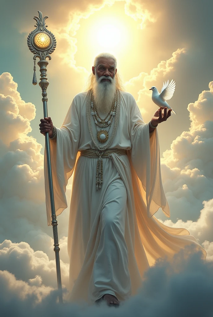 Orisha Black Man, elder, white bearded, Walking on clouds, White tunic, white necklaces, holding a white dove in his hand, silver staff with globe, sun shining 