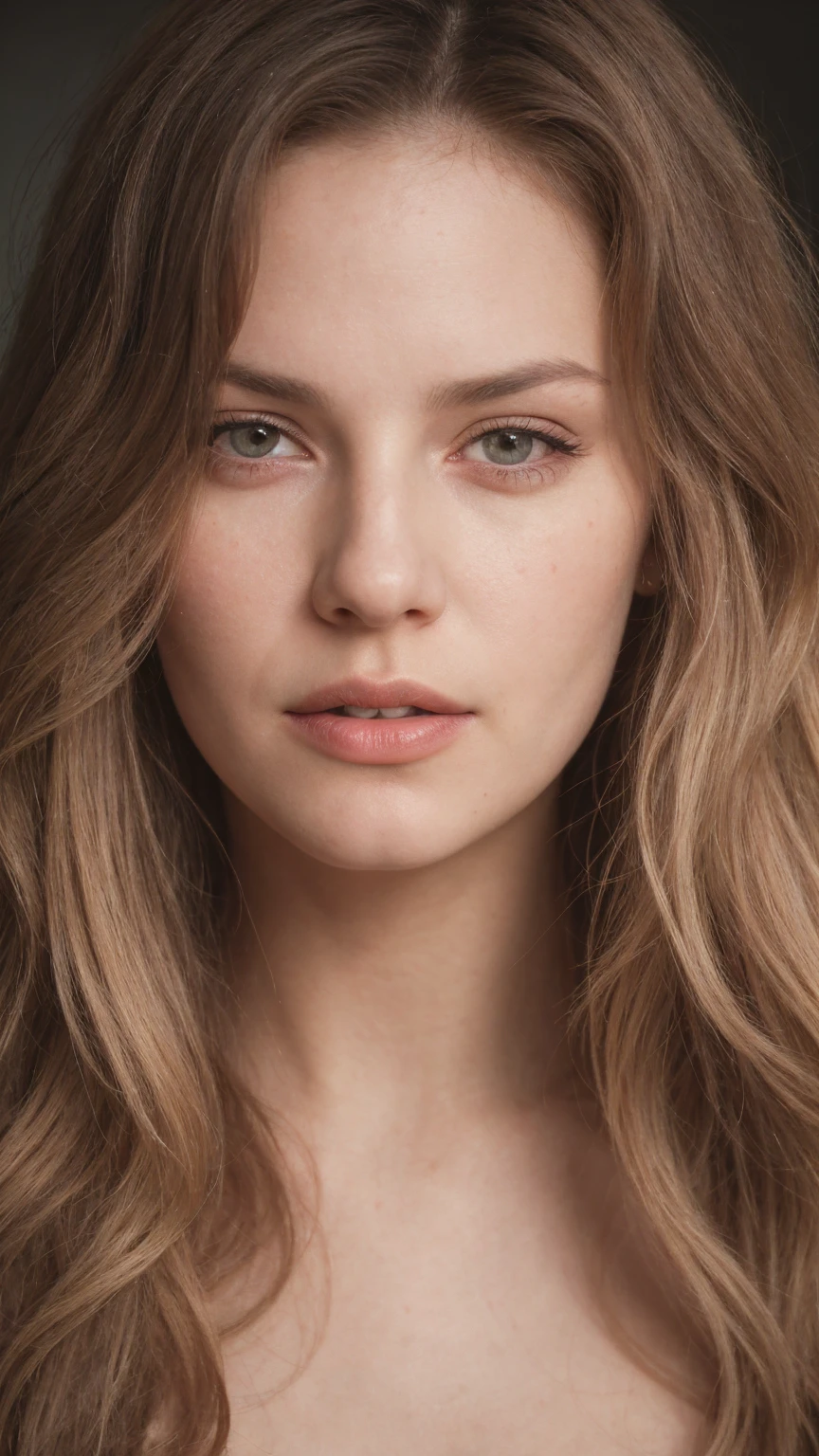 Face portrait photo oF a 21-year-old German woman, .raw, beautiFul woman, half strawberry lips, Fossettes, nostalgic look, green eyes, great student, Large eyelashes, (Brown extra long wavy hair), ((detailed Face)), ((detailed Facial Features)), (Finely detailed skin), red skin, (Deep neckline detailing high-tech cyberpunk dress), Cyberpunk Cyberpunk big city environment, (cold colors), moist, moist, reFlections, (masterpiece) (height ratio / perfect width) (photo realist) (best quality) (detailed) Shot with Canon EOS R5, ObjectiF 50mm, F/2.8, human development report, (8k) (wallpaper) (light) (Dramatic Light) (sharp focus) (complicated)