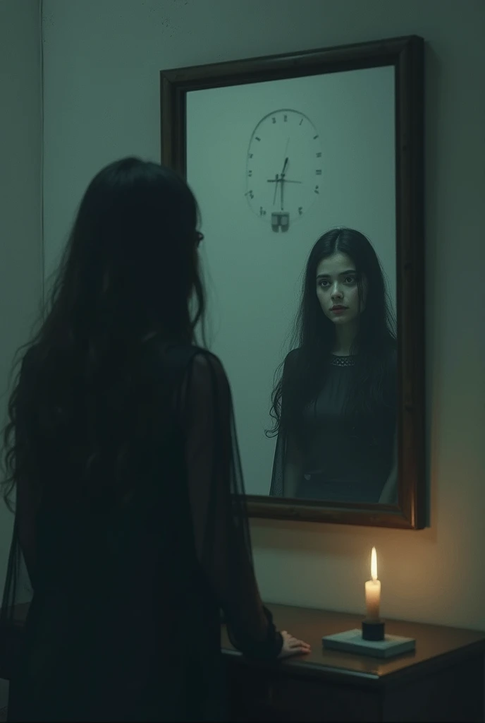 A person looking in a mirror without a reflection 
