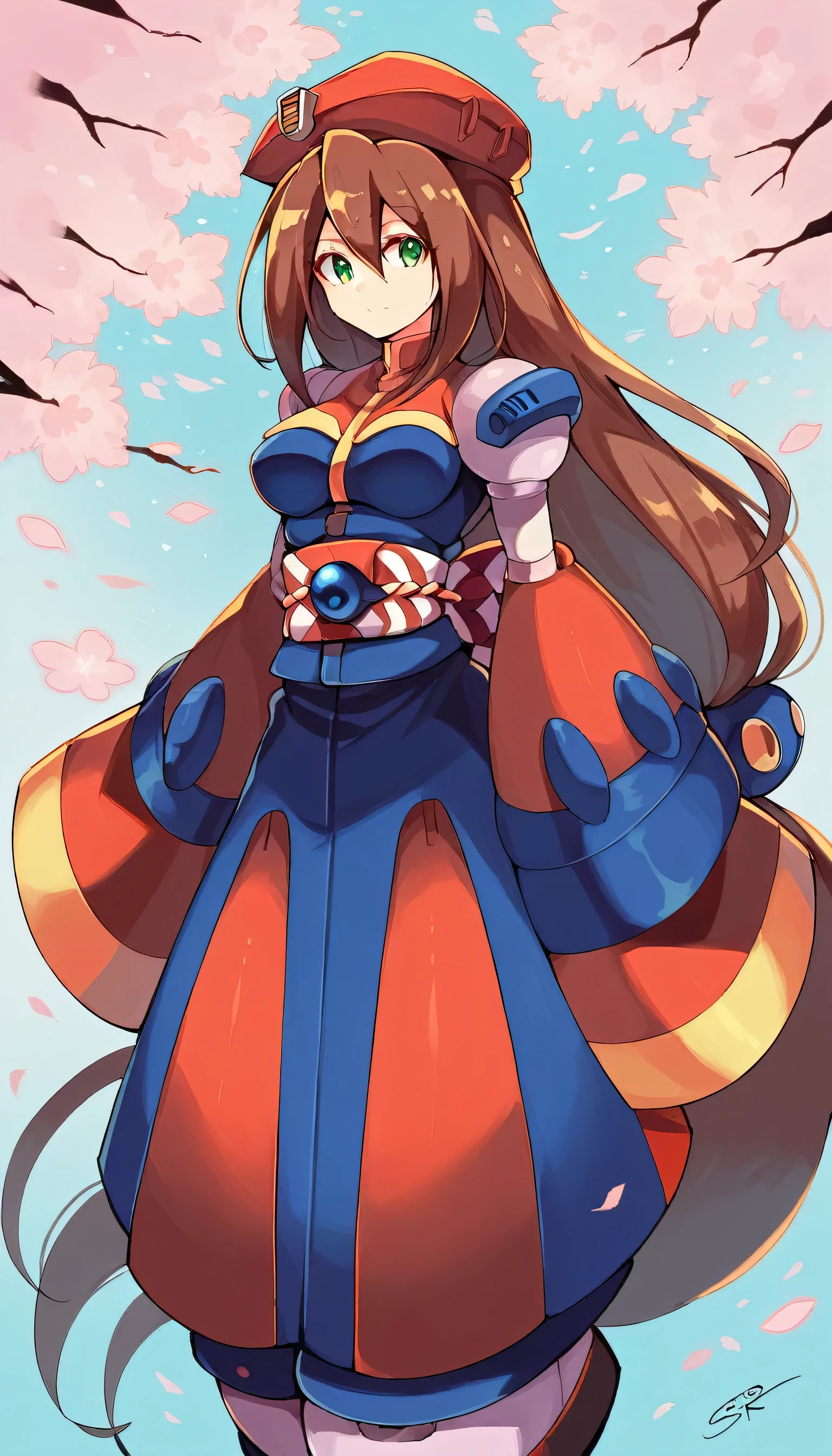 1girl, solo, japanese clothes, sash, kimono, bangs, looking at viewer, obi, gradient,iris \(mega man\)
1girl, long hair, brown hair, hat, green eyes, breasts, beret, android, hair between eyes, red headwear