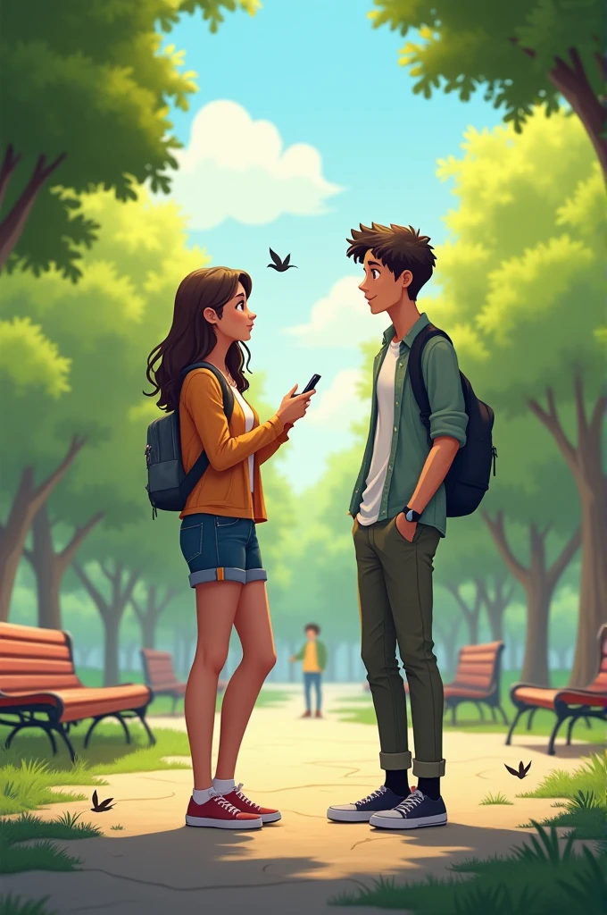 
Panel 1:
Scene: Two people are standing in a park. Person A is holding a phone with a puzzled expression.
Text (Person A): "I just sent you a text, but it seems like you didn’t get it."
Background Elements: Trees, a bench, and a few birds in the background to set the outdoor scene.