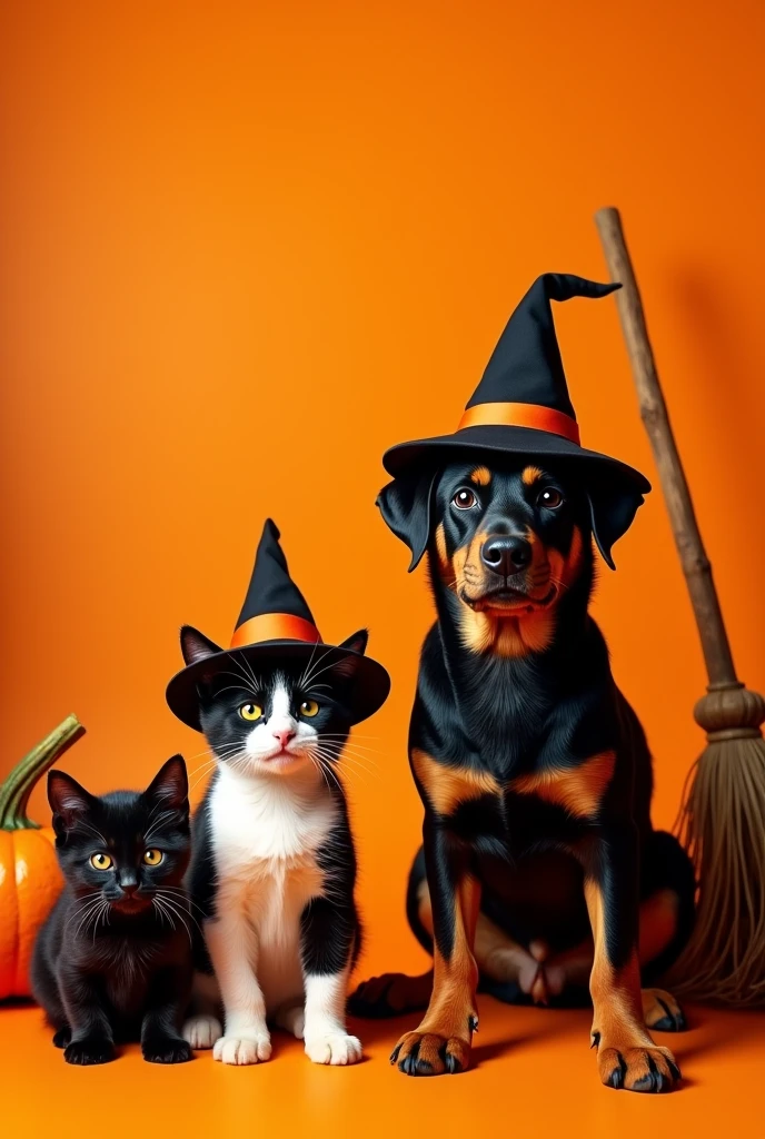 Realistic photo of an adult black and white cat, a black kitten and a Rottweiler style dog, all with short fur and halloween hats, orange background , halloween broom and pumpkins