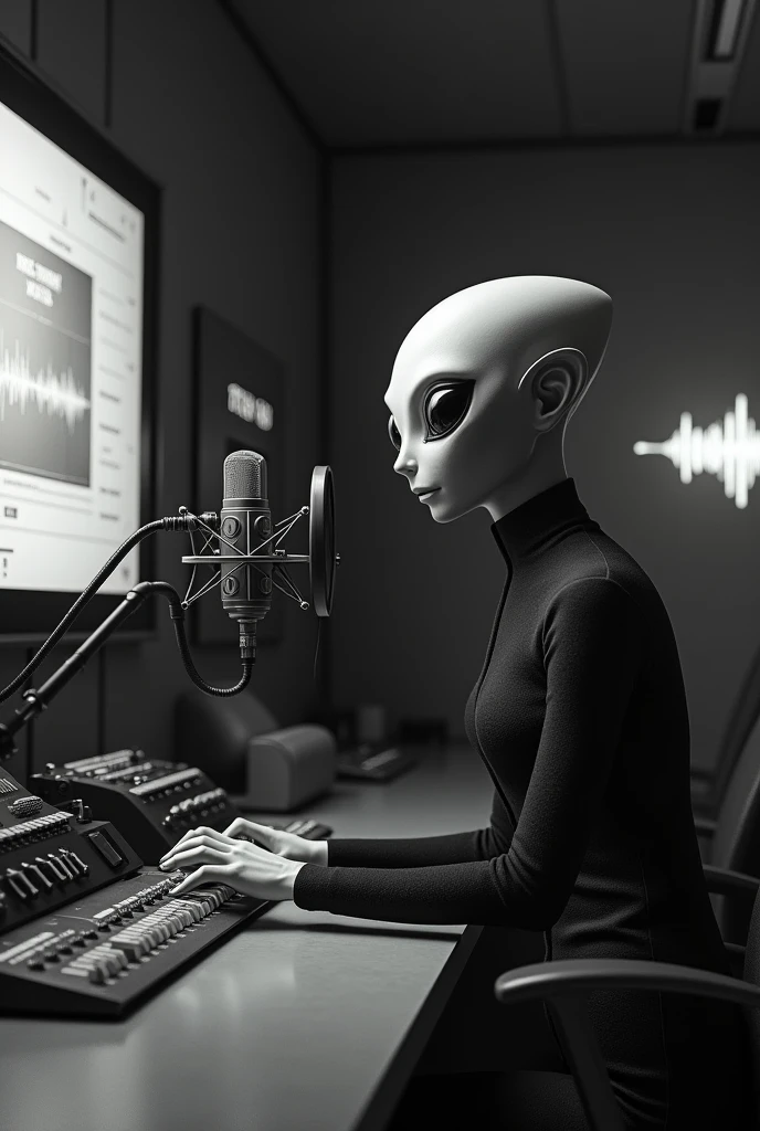 A grey alien announcer in black and white in a radio studio