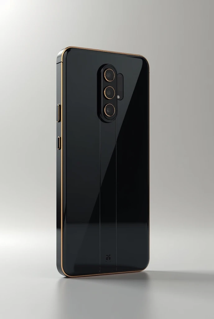 Create an image of a high-end cell phone of the future with 3 matte black cameras, the glass back and gold edges, the main screen that has no edges and the design is like the phone 15 pro max but with vertical cameras