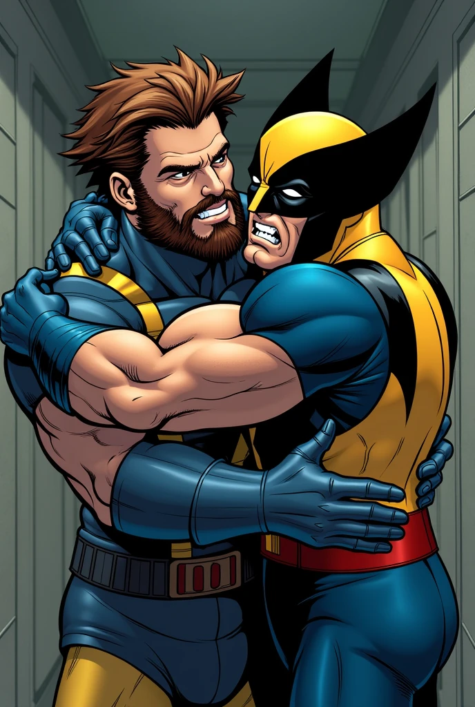 I want an X-Men image of Wolverine hugging Scott Summers ( In a comforting way I want it to be the moment after Jean's death and Scott is so sad and crying that he even hugs Wolverine who he doesn't like.) I want the image to look like a comic book or an animated series, I want it to look like those drawings when I see it